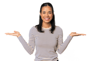 Young Filipina woman makes scale with arms, feels happy and confident.