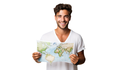 Young man holding paper map navigation travel direction isolated on white background