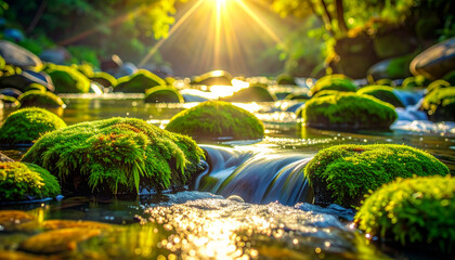 Fototapeta premium Sunlit Mossy Stream in Forest