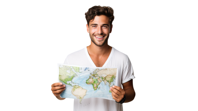 Young man holding paper map navigation travel direction isolated on white background