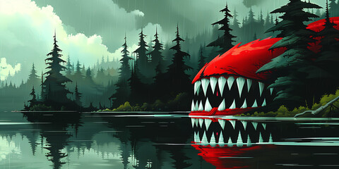 Halloween Monster with Giant Red Head and Sharp Teeth Emerging from Dark Forest River under Stormy Sky