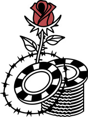 Obraz premium Red rose with barbed wire and poker chips symbolic gambling, risk, beauty and danger, stake and hope concept illustration