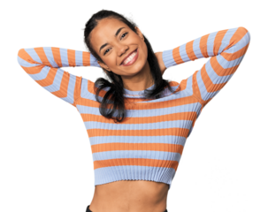 Young Filipina woman stretching arms, relaxed position.