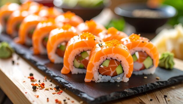 Fresh salmon sushi rolls on a dark slate board