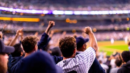 Excited baseball fans cheering in the stands during a thrilling game at a stadium filled with energy