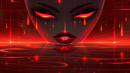 Digital Goddess with Glowing Eyes Emerging from Red Virtual Sea in Futuristic Halloween Sci-Fi Background