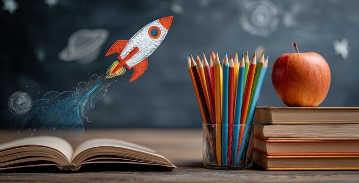 Open book, pencils, stack of books with apple. Rocket ship and planet drawings on the chalkboard background, suggesting education