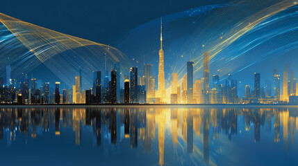 Obraz premium Sunshine in the Smart digital Innovation city with connection network reciprocity over the cityscape. of future smart wireless digital city and social media networking systems that connects