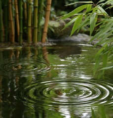 A tranquil pond with circular ripples, framed by green bamboo stalks and lush foliage, creates a serene natural scene, reflecting the surrounding greenery