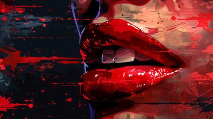 Close-Up of Vampire Woman’s Bloody Red Lips with Blue Skin – Dark Horror Fantasy Digital Painting