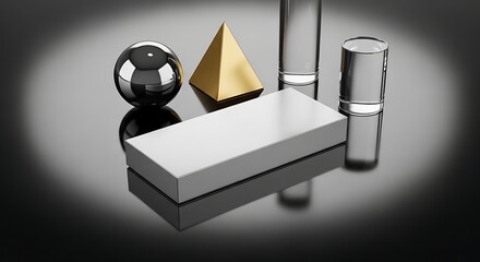 Geometric Shapes Still Life with Silver Sphere, Golden Pyramid, Clear Cylinders on Reflective Dark Surface