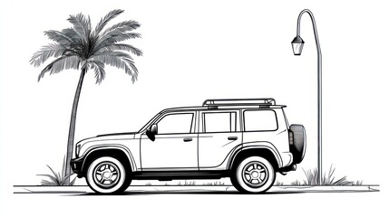 Outline drawing suv tropical setting
