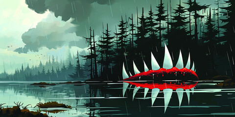 Halloween Background - Huge Red Mouth with Sharp White Fangs Emerging from Lake in Rainy Forest under Stormy Sky