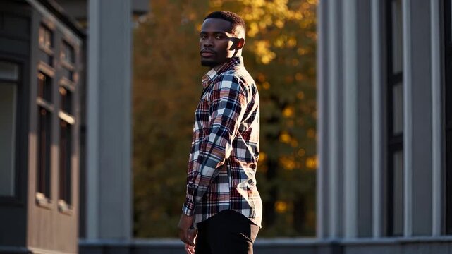 Man in plaid shirt. A man in a plaid shirt is standing outdoors. Young fashion in autumn sunlight. A man wearing a checkered shirt lifestyle.