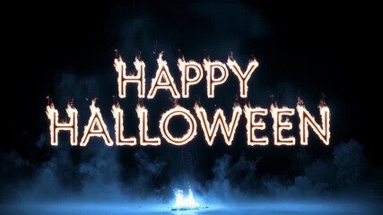 The text "Happy Halloween" made of bright fire burns against a dark background with smoke and sparks, creating a hot and intense greeting for a spooky holiday celebration