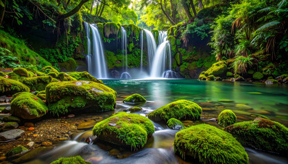 Serene Waterfalls Flow Through a Lush Green Forest