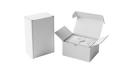 Obraz premium Two cardboard boxes, one open and one closed isolated on transparent background
