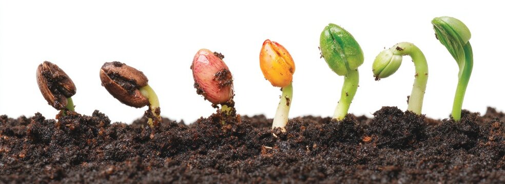 A seed's journey from sprouting in dark soil to a vibrant green plant, showcasing stages of growth against a stark white backdrop