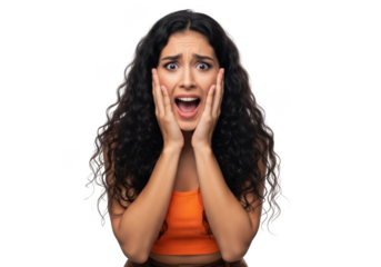 Scared woman with hands on face isolated on transparent background
