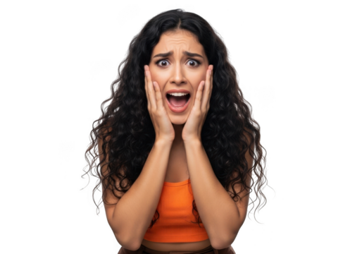 Scared woman with hands on face isolated on transparent background