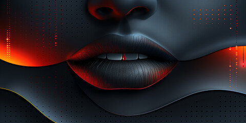 Digital Background with Silhouette of Female Lips and Red Stripe in Futuristic Abstract Style