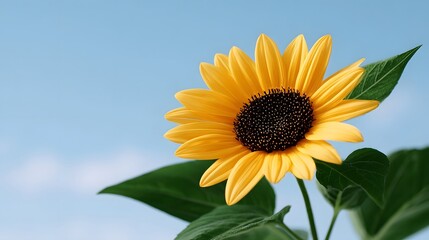 Obraz premium A beautiful, vibrant yellow sunflower in full bloom against a clear blue sky and lush green foliage