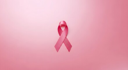 A pink ribbon, a symbol of breast cancer awareness, rests on a gradient pink background.