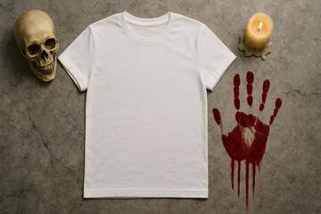 Halloween-Themed Shirt Mockup with Skull, Candle, and Bloody Handprint on Dark Background