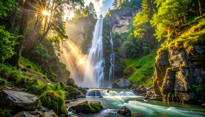 Sunlit Waterfall in Lush Forest