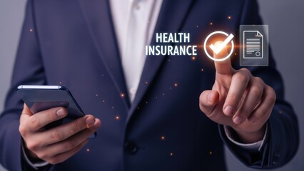 Businessman in dark suit holding smartphone and pointing at holographic health insurance document checkmark, futuristic digital application, financial safety