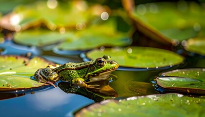 Green frog on lily pads in a pond