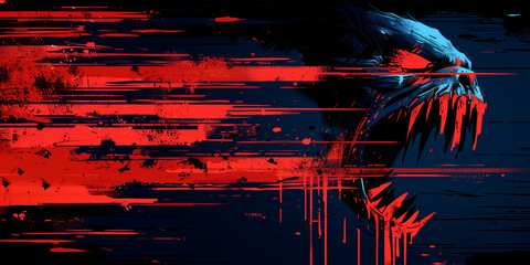 Red and Black Halloween Background with Sharp Teeth Monster in Abstract Horror Style
