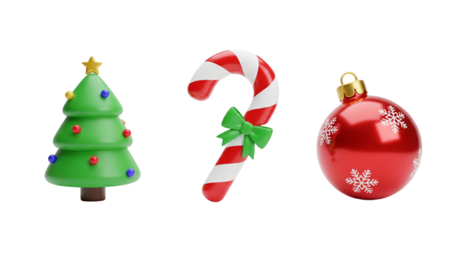 Festive Christmas Icons: Tree, Candy Cane, Ornament
