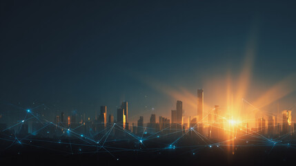 Fototapeta premium Sunshine in the Smart digital Innovation city with connection network reciprocity over the cityscape. of future smart wireless digital city and social media networking systems that connects