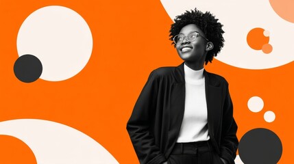 A confident professional woman with an afro hairstyle smiles warmly while standing against a vibrant orange and white bu