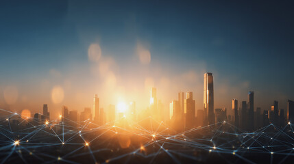 Fototapeta premium Sunshine in the Smart digital Innovation city with connection network reciprocity over the cityscape. of future smart wireless digital city and social media networking systems that connects