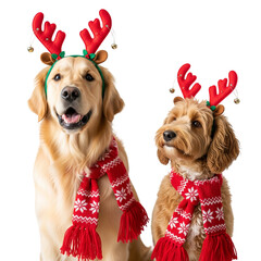 Two Festive Dogs Wearing Reindeer Antlers and Holiday Scarves
