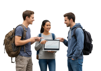 Students Collaborating Around Laptop with Line Graph Display
