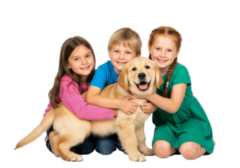 Smiling Children Hugging Golden Retriever Puppy on White Background
