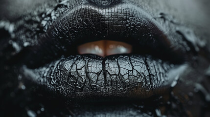 Black Cracked Lips with Subtle Gold Accents – Dark Aesthetic Beauty for Horror or Fantasy Design