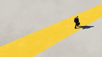 A man in dark formal attire walks down a bright yellow pathway in an outdoor setting with concrete flooring,