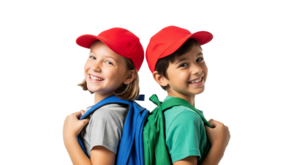 Smiling Children with Backpacks and Red Caps on White Background
