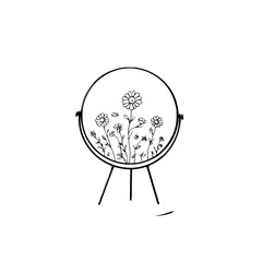 A floral arrangement inside a circular frame supported by a tripod stand artistic line drawing style image