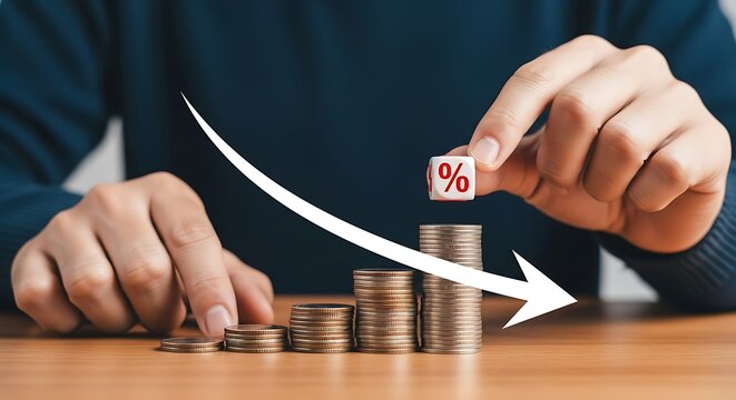 Person placing a cube with a percentage sign on a stack of coins, indicating a decrease in value or interest rate