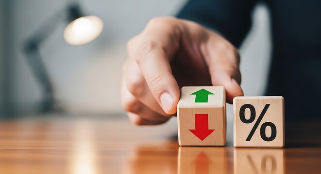 Hand placing wooden blocks with up and down arrows and percentage symbol, representing financial growth and decline