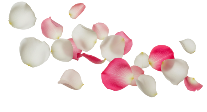 Scattered Rose Petals in Pink and White on White Background
