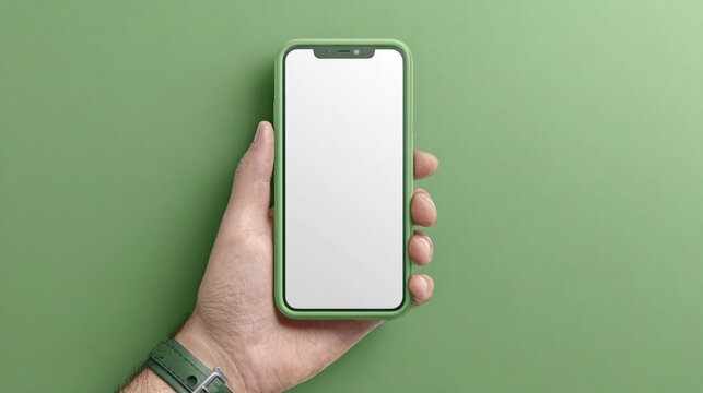 A hand holds a phone with a light green case against a matching light green backdrop, wrist adorned with matching watch strap, creating a monochrome aesthetic