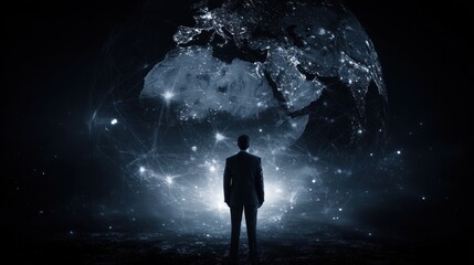 A man gazes at a digital earth at night, illuminated by city lights, overlaid with interconnected dots, symbolizing global connection and technology