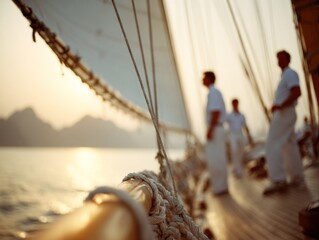 Warm, tranquil scene of a sailing vessel at sunset with blurry crew on deck, sail lines in focus, and mountains in the background