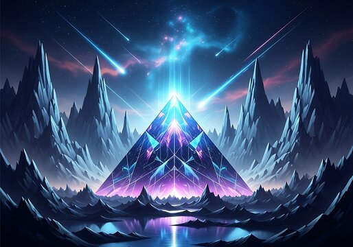 Surreal alien landscape with a glowing pyramid structure at its center, surrounded by jagged mountains and a starry sky